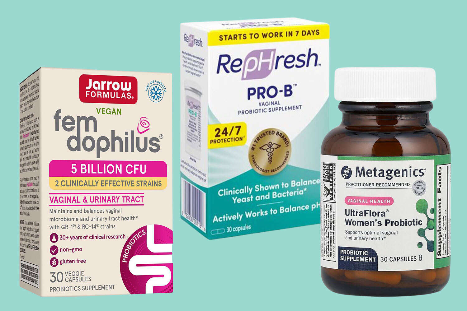 Three brands of vaginal probiotic supplements.