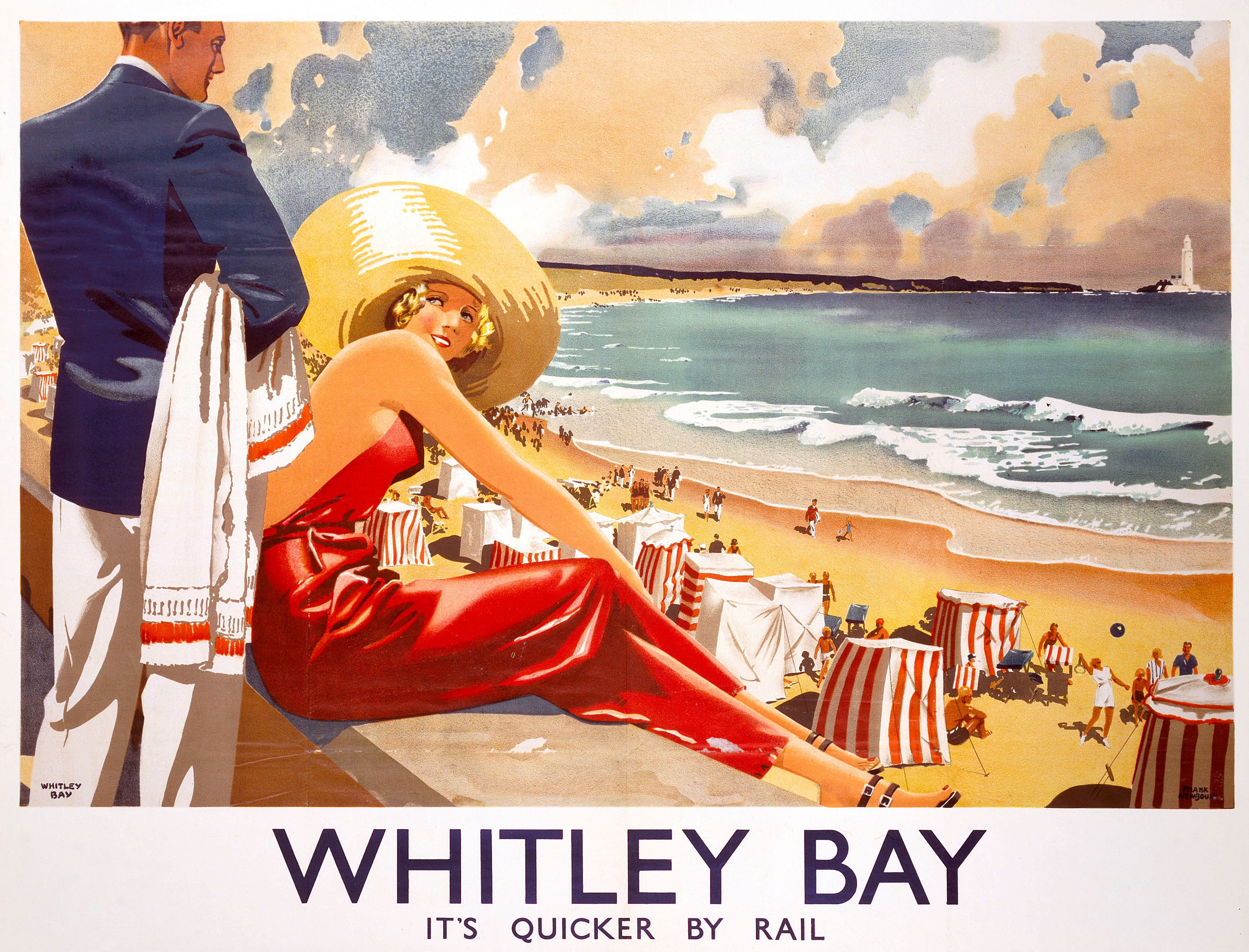 Illustration of a 1939 LNER poster advertising rail travel to Whitley Bay, featuring a woman in a red dress and large sunhat on a promenade overlooking a beach.