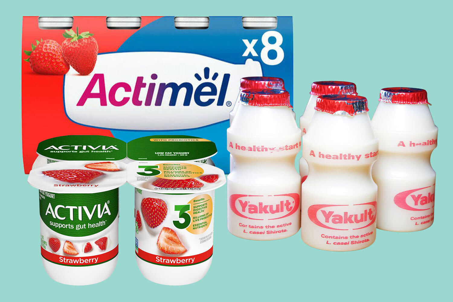Activia and Yakult strawberry yogurt products.