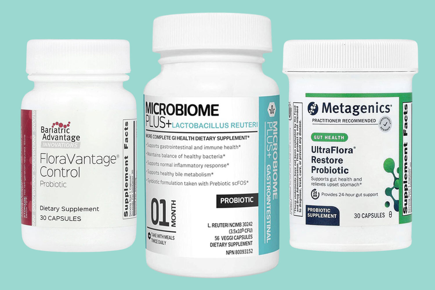 Three probiotic supplement bottles.