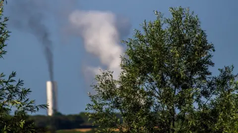 Paul Adams A tall chimney blows black smoke into the air on a sunny day. Next to it is a cloud of white smoke. In the foreground is a green bush.