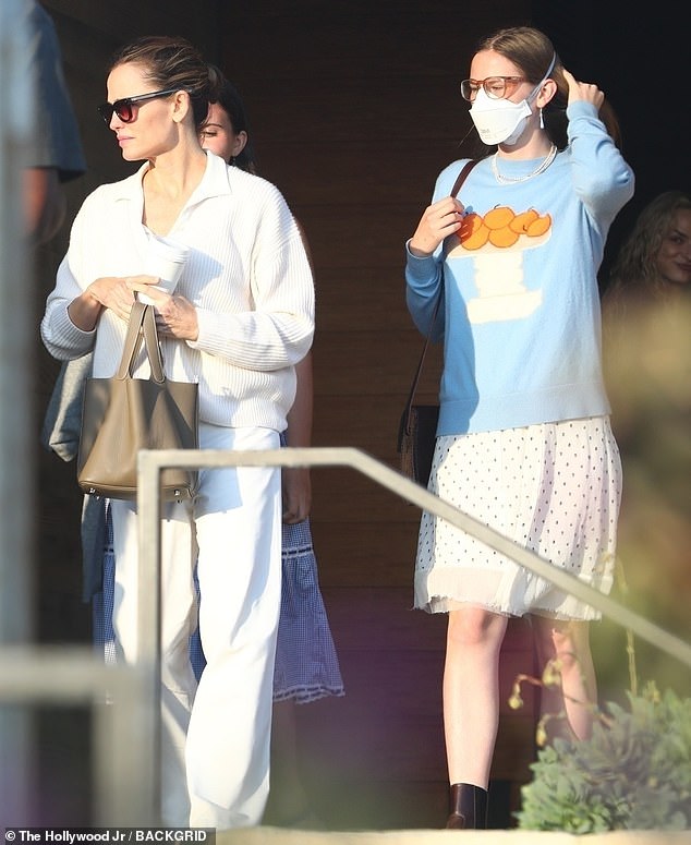 The actress was joined by her daughter Violet, 19, who kept in casual in a blue sweater with a black and white polka dot skirt.  Garner shares her children with ex-husband Ben Affleck