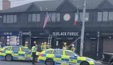 Firefighters are seen battling to put out a blaze at Conor McGregor's pub, The Black Forge Inn, in Dublin