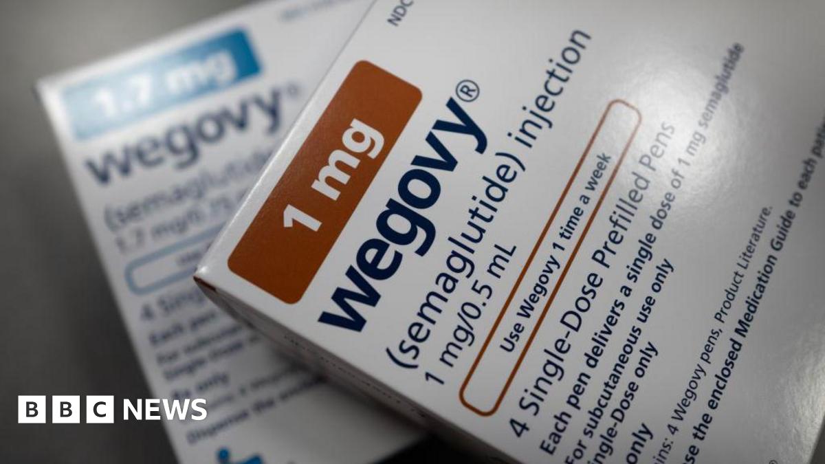 A close up of the packaging for Wegovy, a weight loss injection. It's a white box with the medication name and dosage written on it.