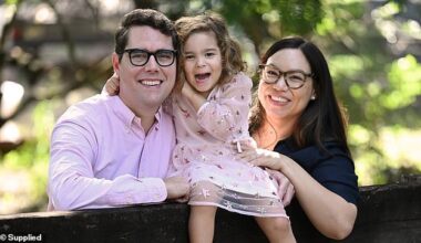 Brisbane City councillor Ryan Murphy, 36, was inspired to start a health kick following the birth of his daughter Elodie (centre) with wife Emma Yabsley (right) - but was stunned to discover he had stage two prostate cancer