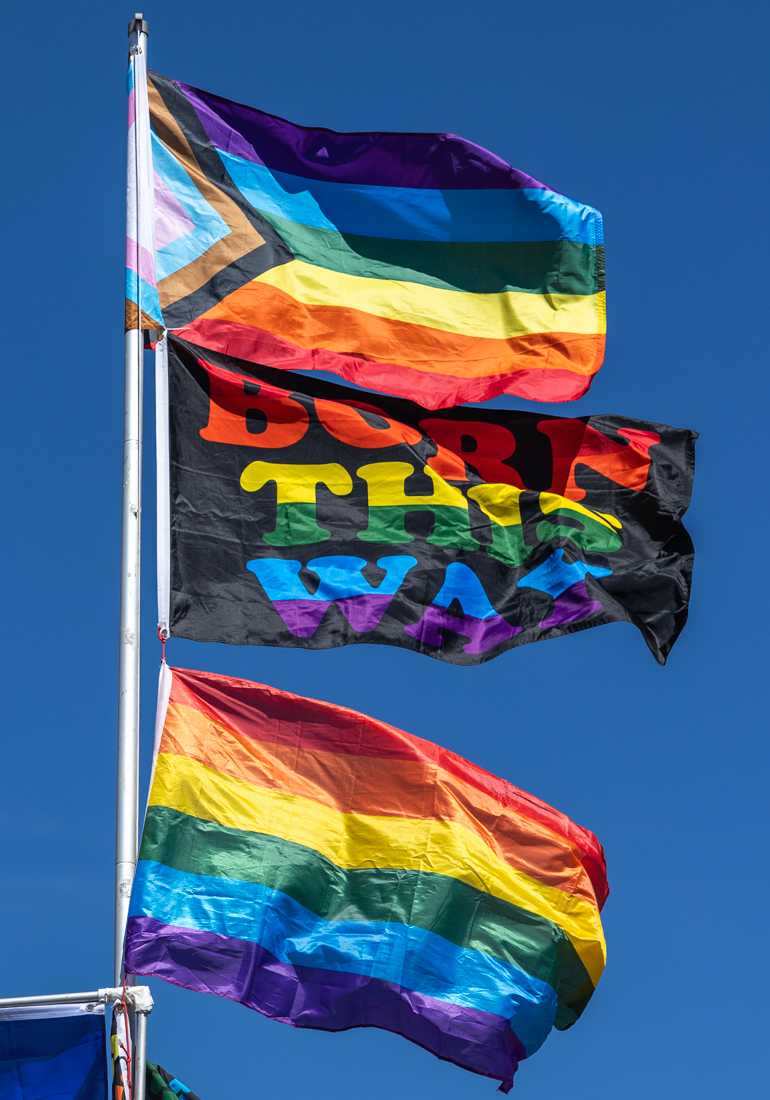 A booth selling pride flags flies a stack of flags with one that has “Born This Way” printed on it. The Eugene Pride Festival took place at Alton Baker Park in Eugene, Ore. on Saturday, Aug. 12th, 2023. (Molly McPherson/Emerald)