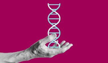 a photo collage illustration of a human hand holding a molecule of DNA