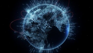 The world with abstract light beams coming from it