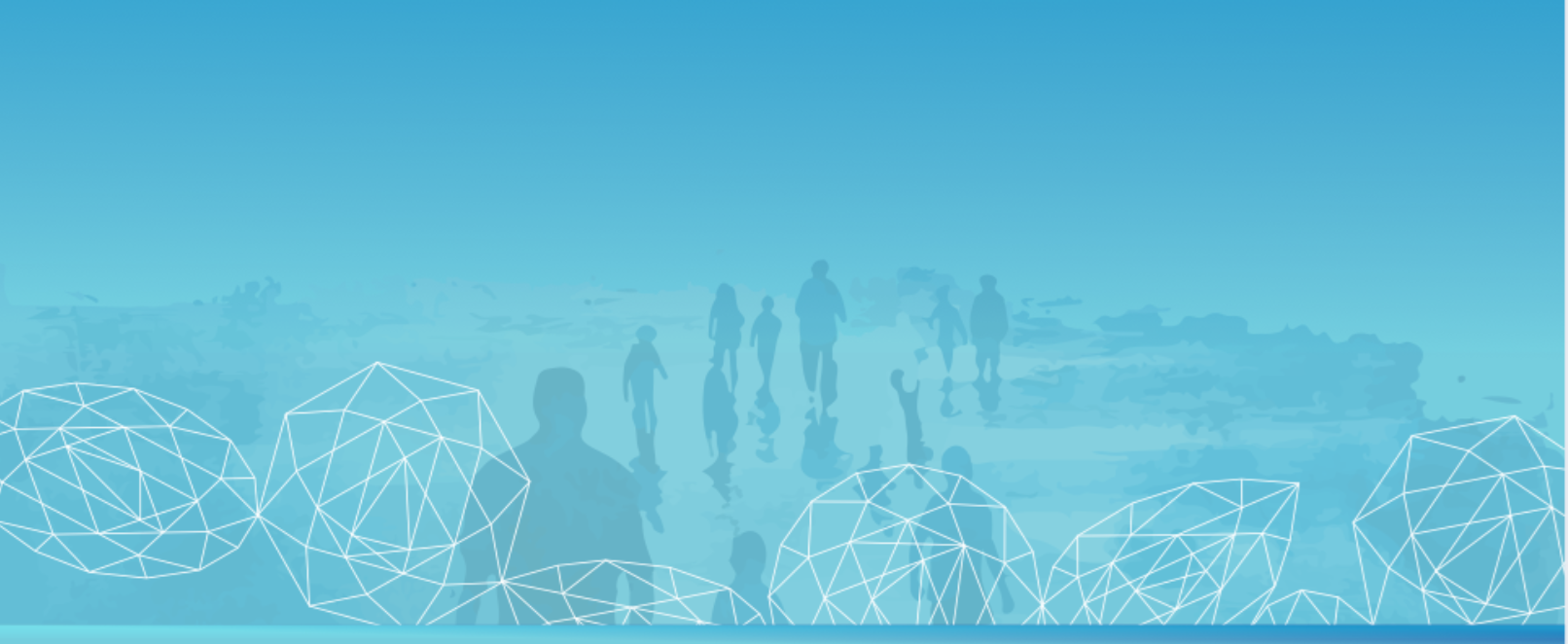 BANNER_GEHM_CC Blue background with shapes and behind it is a silhouette of populations on the move