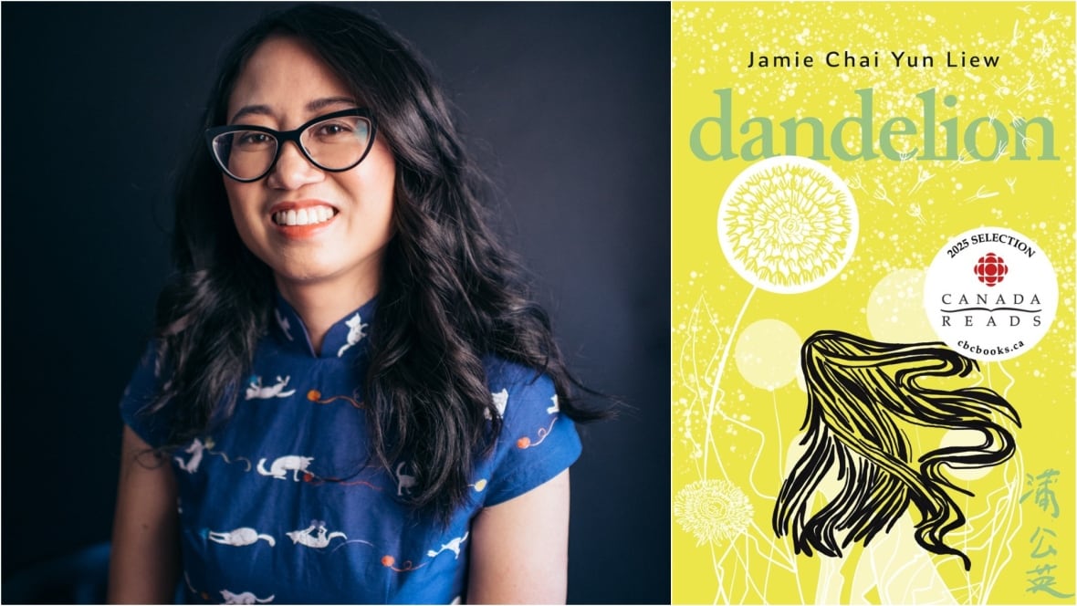 The book's author, a woman with long dark hair wearing glasses and the book cover featuring a drawing of a long haired woman running towards dandelions.