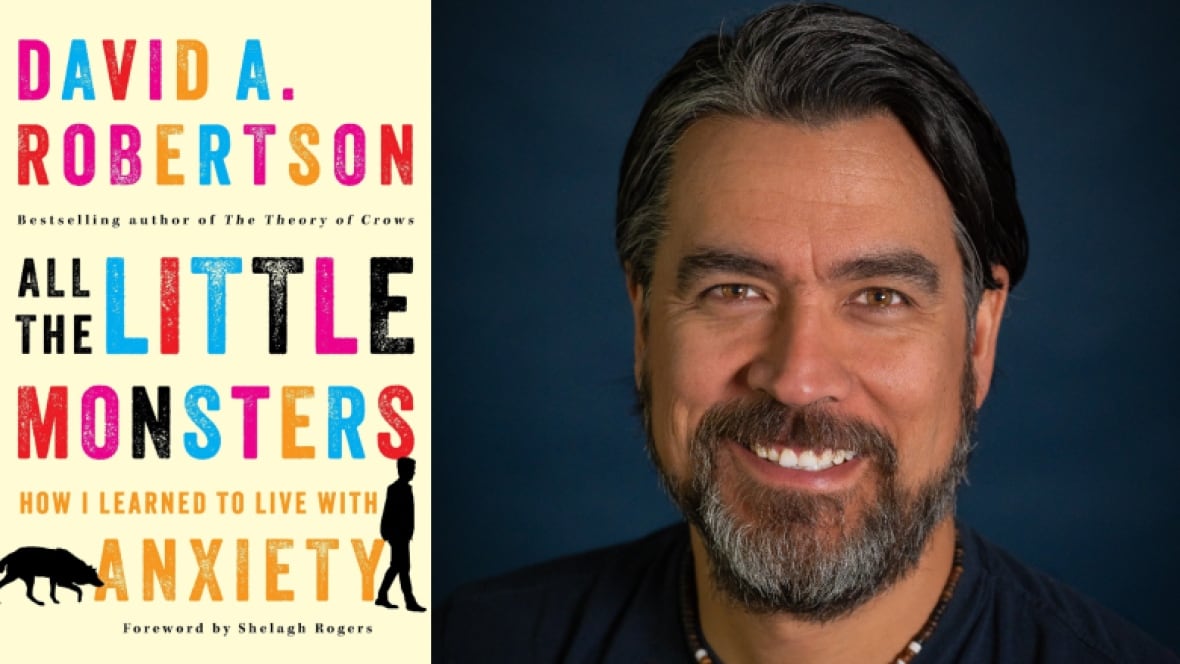 A headshot of a man smiling at the camera with a dark blue background next to a book cover with colourful letters and a dark shadow figure of a wolf and a person