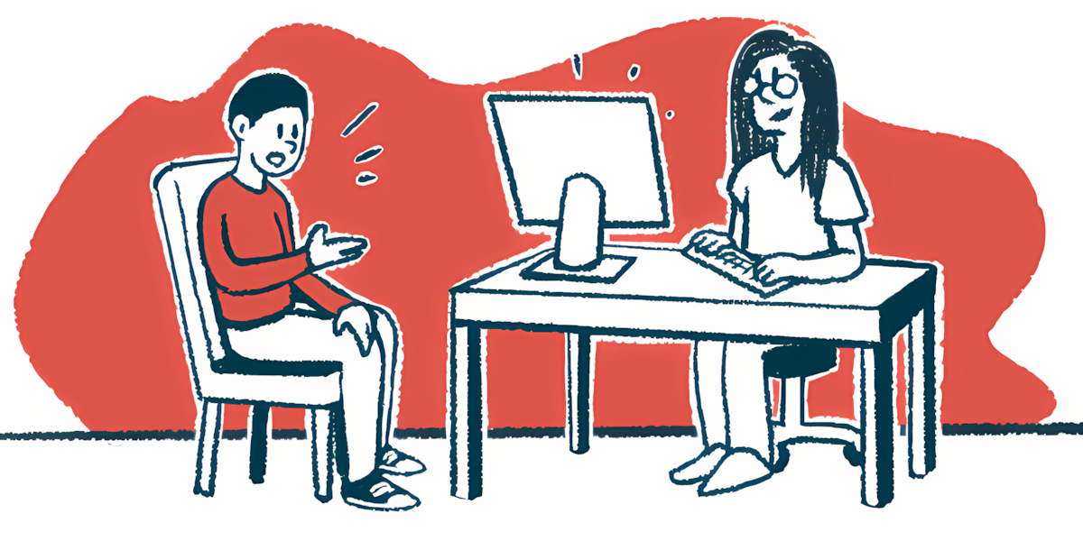A patient sits with a doctor who is working at a computer.
