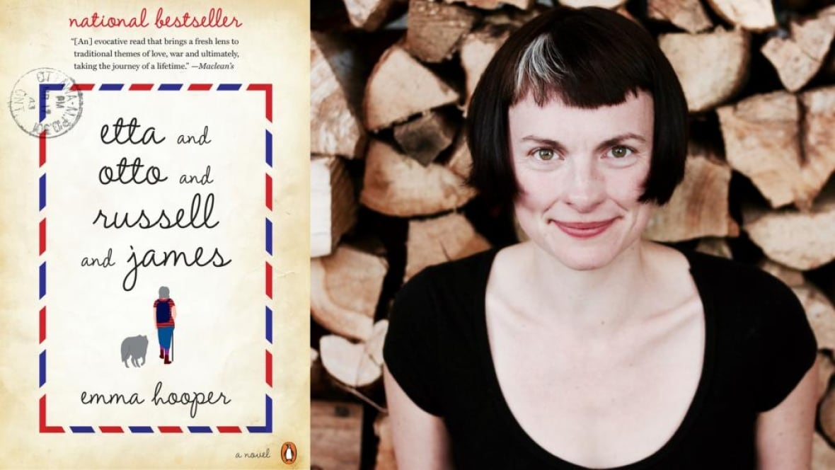 A book cover of a posted letter with a stamp with cursive writing. A photo of a woman with a short brown bob smiling in front of logs.
