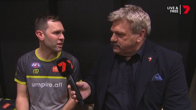 Umpire Brent Wallace chats to Brian Taylor.