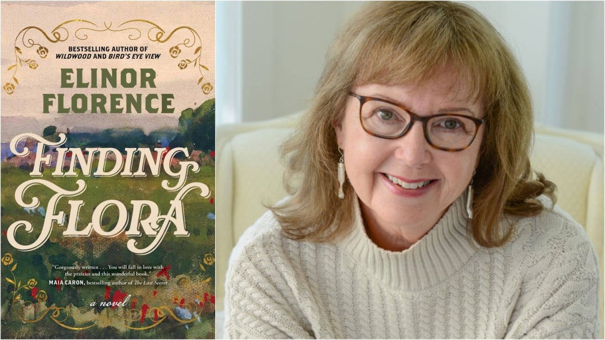 A composite of two images. On the left, a book cover of a painted summer landscape. On the right, a portrait of a woman in a white sweater, with blond hair and glasses.
