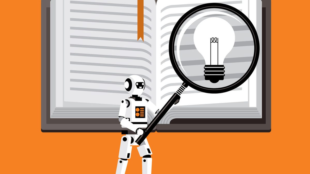 Robot holding a magnifying glass over a page in an open book