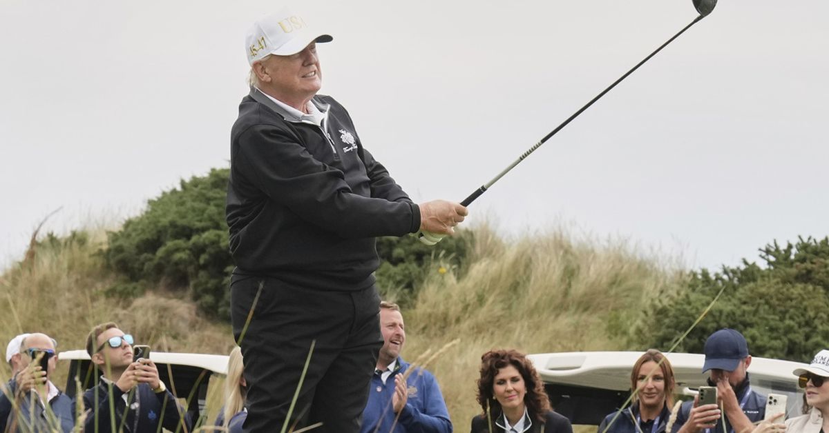 Trump caps his Scottish visit by opening a new golf course and promoting his family brand