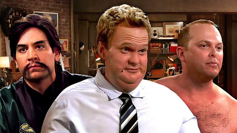 Ted Mosby as The Calligrapher (Josh Radnor) wearing a questionable fu manchu mustache in Slapsgiving 3: Slappointment in Slapmarra, Barney Stinson (Neil Patrick Harris) in a fat suit in The Rough Patch, and Mitch, also known as The Naked Man in The Naked Man, all from How I Met Your Mother