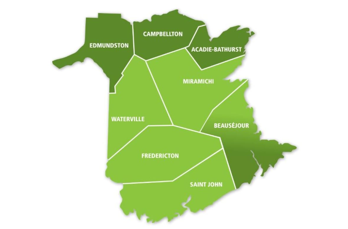 A map of New Brunswick divided in the seven health zones.