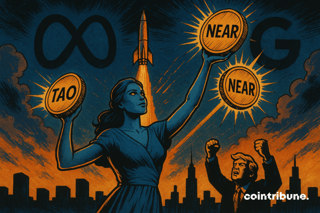 A robed android woman raises AI tokens (TAO, NEAR, ICP) under a blazing sky. A rocket, Trump, and Google/Meta logos symbolize the explosive rise of cryptocurrencies.