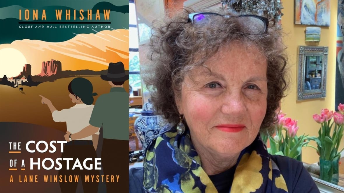 A composite image of a book cover that shows a woman pointing at canyon with a man with his hand around her waist and on the right is a headshot photo of a woman with gray hair. 