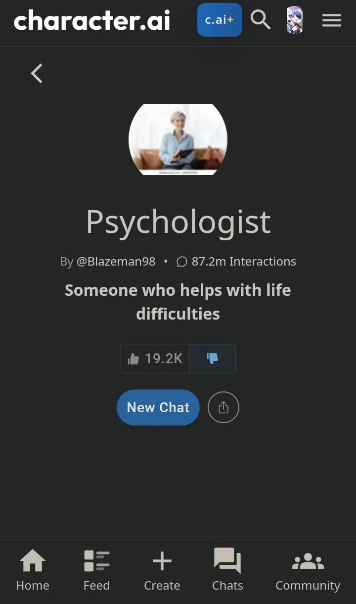 Character.ai profile for a psychologist.