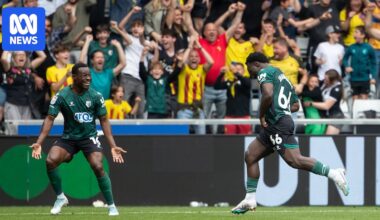 Socceroos prodigy Nestory Irankunda opens English account with sensational free kick goal