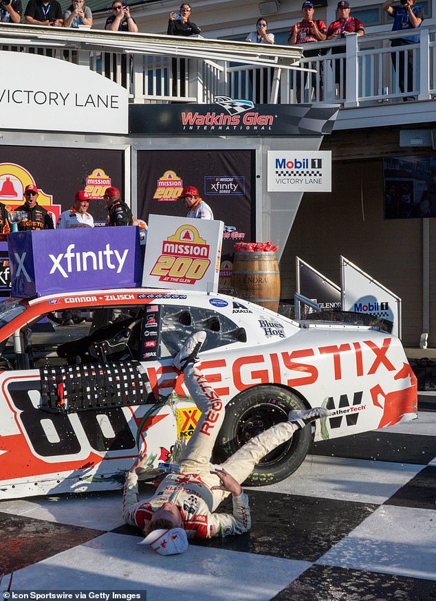 After winning the Mission 200 Connor Zilisch (#88 JR Motorsports Registix Chevrolet) falls from his Registix Chevrolet and hits his head on landing in Victory lane At The Glen