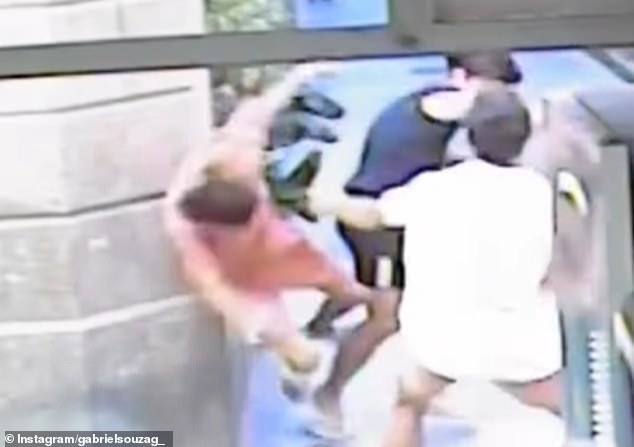 Viral video footage showed Gabriel (pictured in the tank top) tripping a suspected chain snatcher (left)