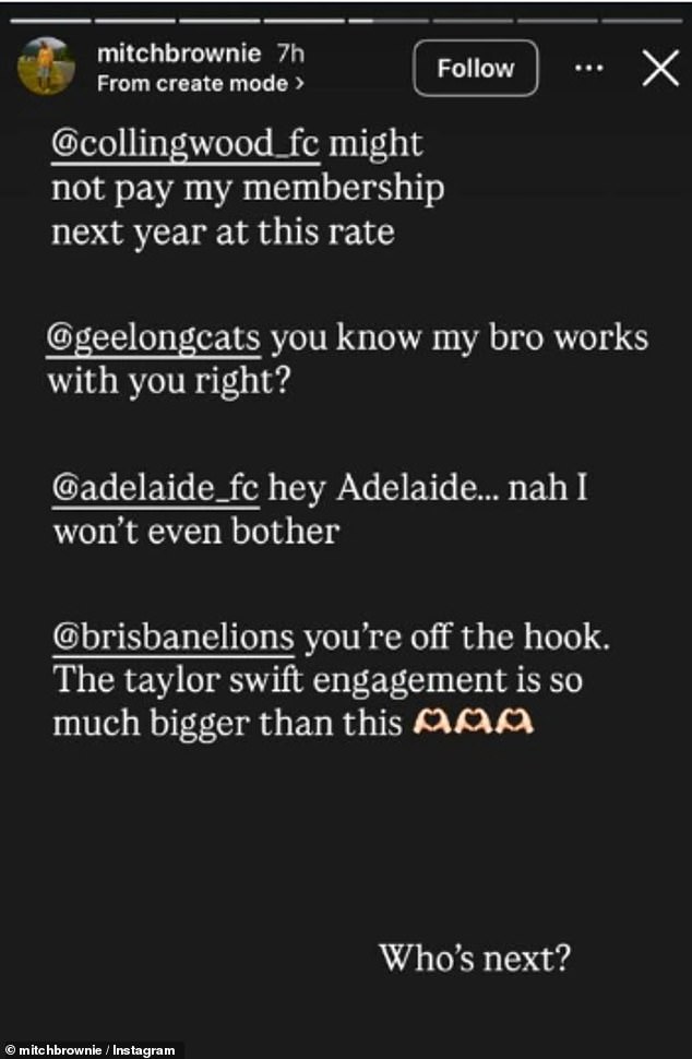 While many AFL clubs acknowledged Brown's bravery, the silence from four - Collingwood, Brisbane, Geelong and Adelaide - was deafening (pictured, Mitch Brown's Instagram post)