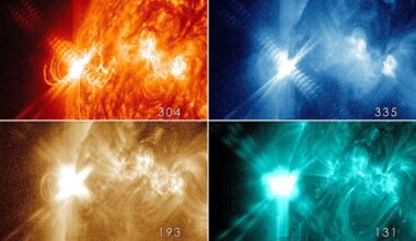 Solar flares like this X3.2 class flare (revealed in different wavelengths) have been captured in unprecedented detail. Clockwise from top left: 304, 335, 131, and 193 Å (Credit : NASA/SDO)