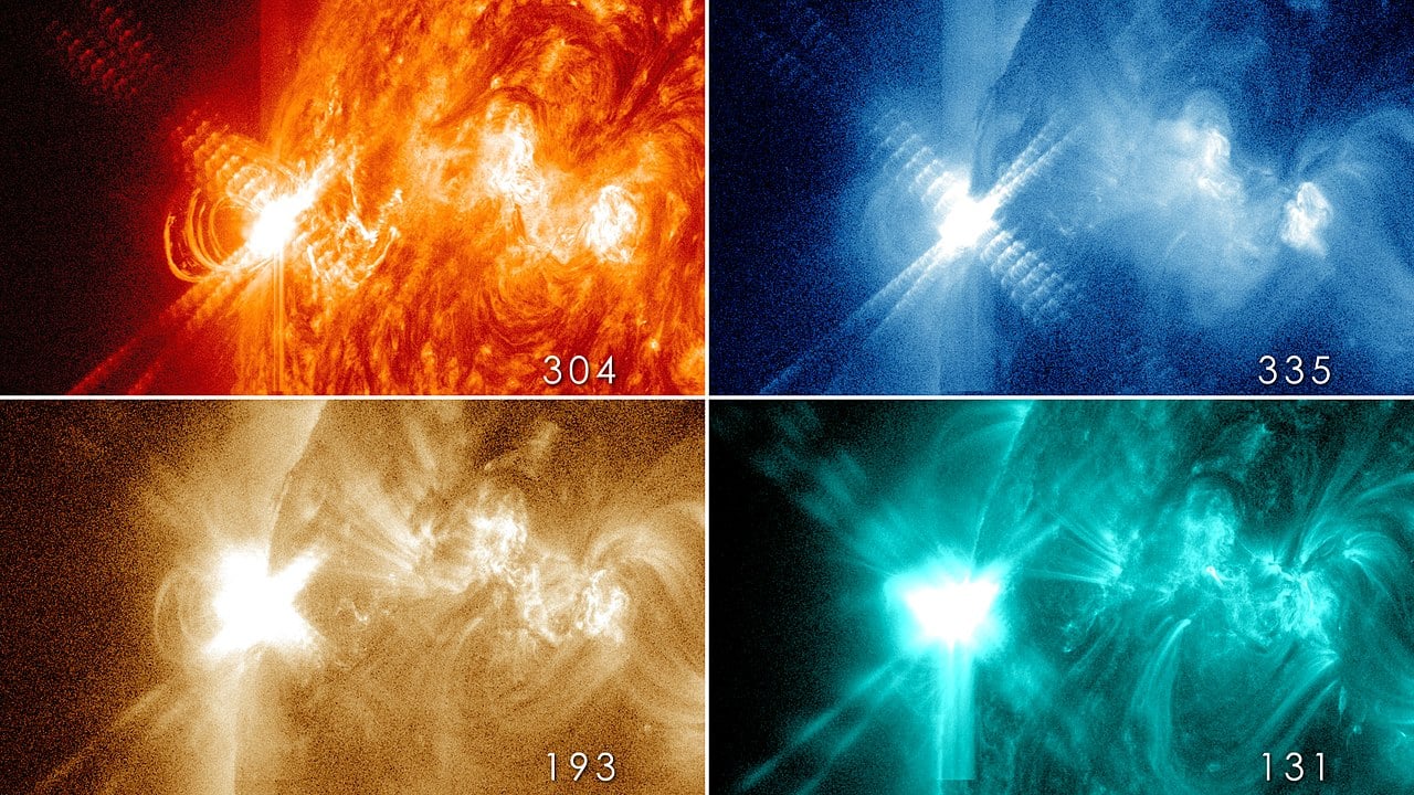 Solar flares like this X3.2 class flare (revealed in different wavelengths) have been captured in unprecedented detail. Clockwise from top left: 304, 335, 131, and 193 Å (Credit : NASA/SDO)
