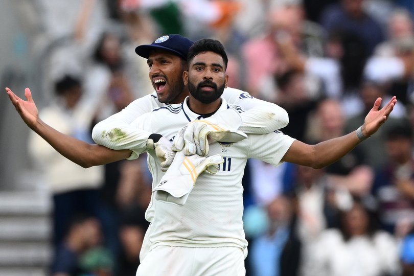 Mohammed Siraj of India celebrates the match winning wicket of Gus Atkinson.