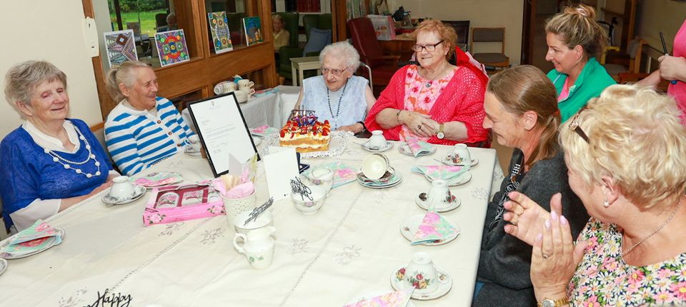 Carmel Carroll celebrating turning 102 with family, friends and staff in Valentia Nursing Home Camolin. PHOTO: Sabrina Ffrench