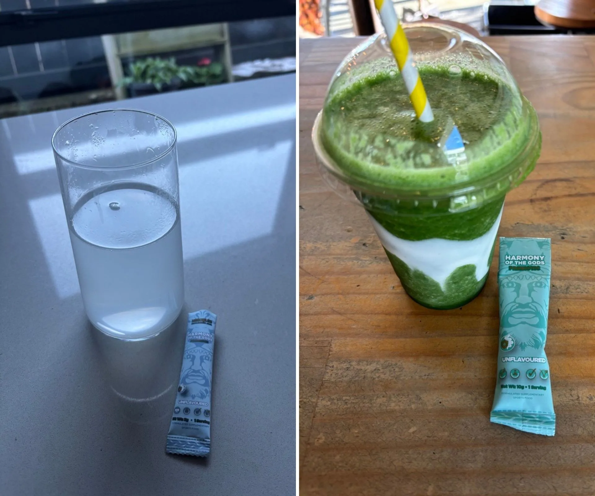 Hercules harmony of the Gods Probiotic being dissolved into water, prebiotic being dissolved into juice 