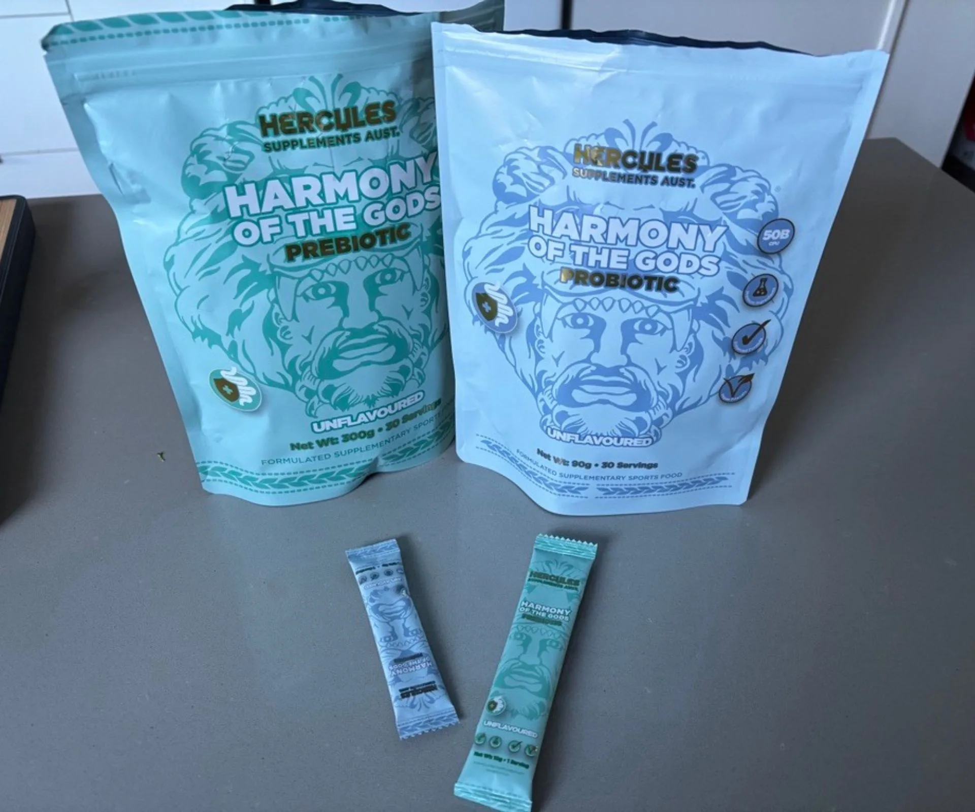 Hercules Harmony of the Gods Probiotic and Prebiotic together on the kitchen bench 