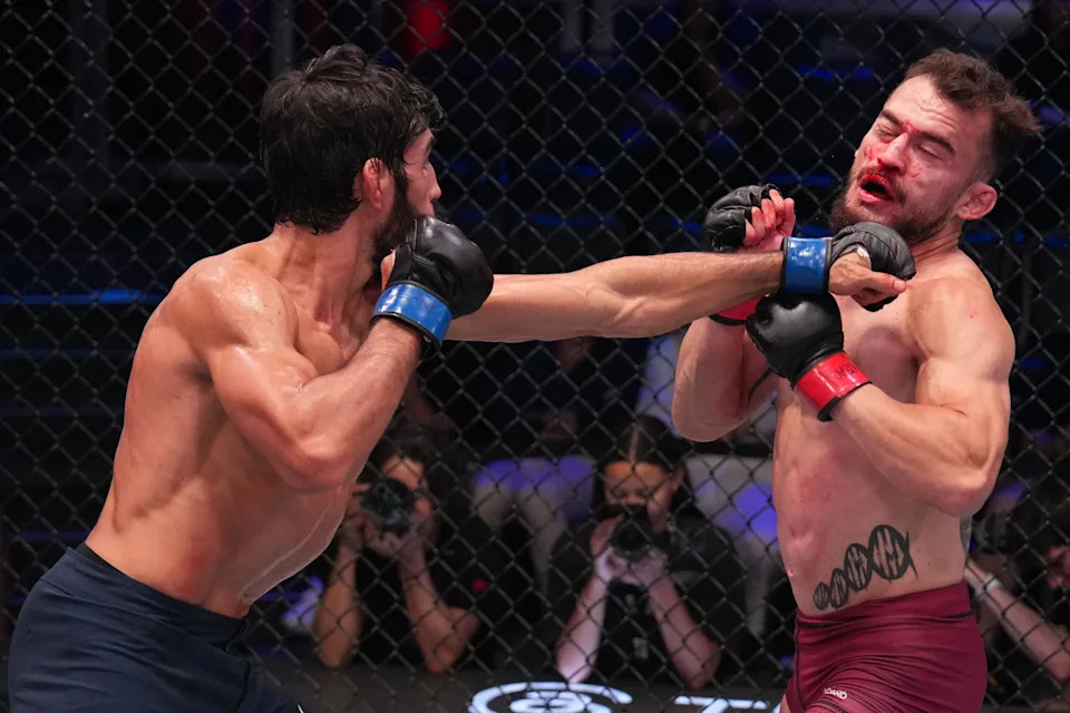 LAS VEGAS, NEVADA - AUGUST 19: Jose Delano of Brazil punches Manuel Exposito of Argentina in a featherweight fight during Dana White's Contender Series season nine, week two at UFC APEX on August 19, 2025 in Las Vegas, Nevada. (Photo by Al Powers/Zuffa LLC)