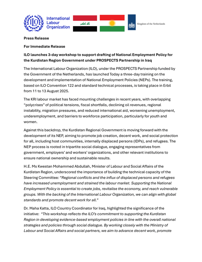 ILO launches 3-day workshop to support drafting of National Employment Policy for the Kurdistan Region Government under PROSPECTS Partnership in Iraq [EN/AR/KU] - Iraq