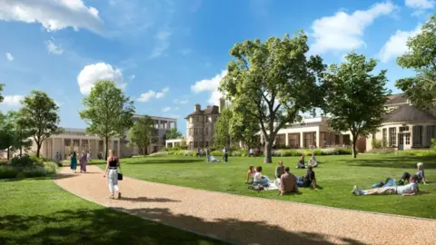 Cityscape Digital for Eric Parry Architects An architects image of an old white buildings developed into new ones. In the foreground is a path  with green spaces either sides and CGI students relaxing and chatting