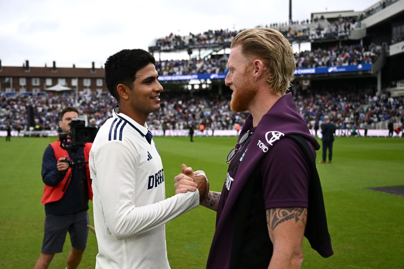 Shubman Gill of India shakes hands with Ben Stokes of England after the end of the match.
