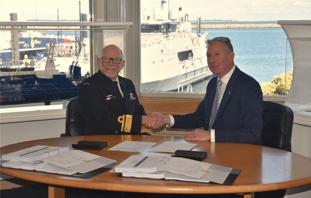 Austal Limited CEO Paddy Gregg and RADM Michael Houghton, Head of Patrol Boats and Specialist Ships, Naval Shipbuilding and Sustainment Group, representing the Commonwealth of Australia, signed the Strategic Shipbuilding Agreement (SSA) at Austal’s Henderson shipyard in Western Australia on 28 August 2025.