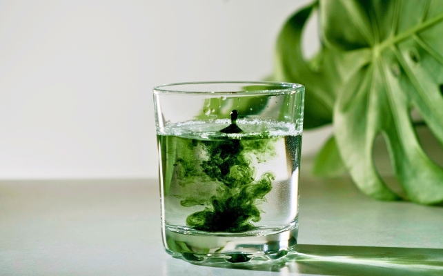 A glass with green dispersing in a clear liquid, in front of a green plant leaf