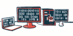 Computer monitors are shown displaying binary code.