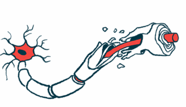 An illustration shows damage to the myelin sheath that protects nerve fibers.