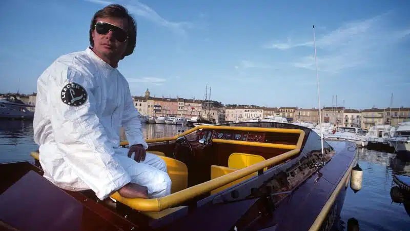 Didier Pironi in Lamborghini powered speedboat in Saint Tropez