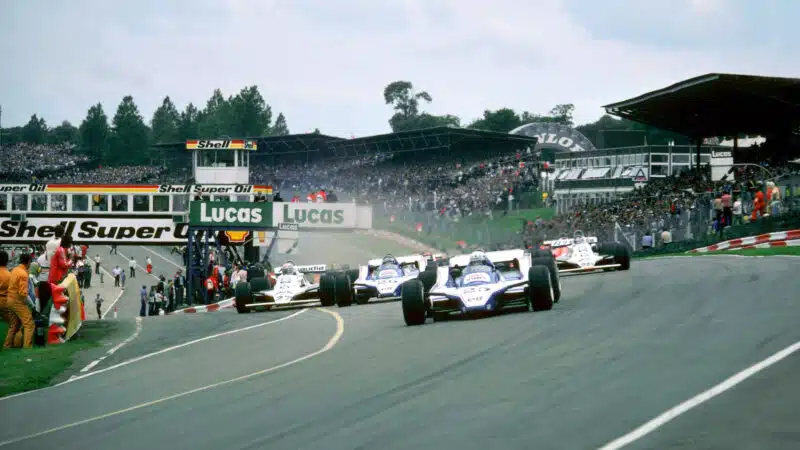 Didier Pironi leads at the start of the 1980 British Grand Prix at Brands Hatch