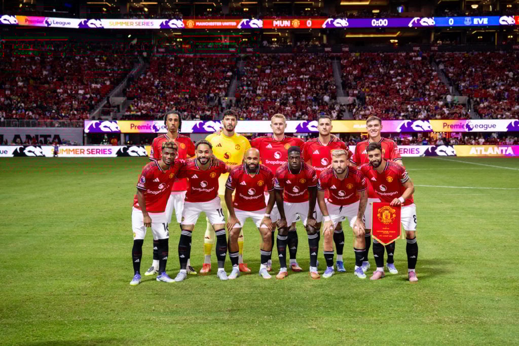 Players of Manchester United pose for a team photo prior to the Premier League Summer Series match between Manchester United and Everton at the Mercedes-Benz Stadium in 2025 in Atlanta, Georgia.