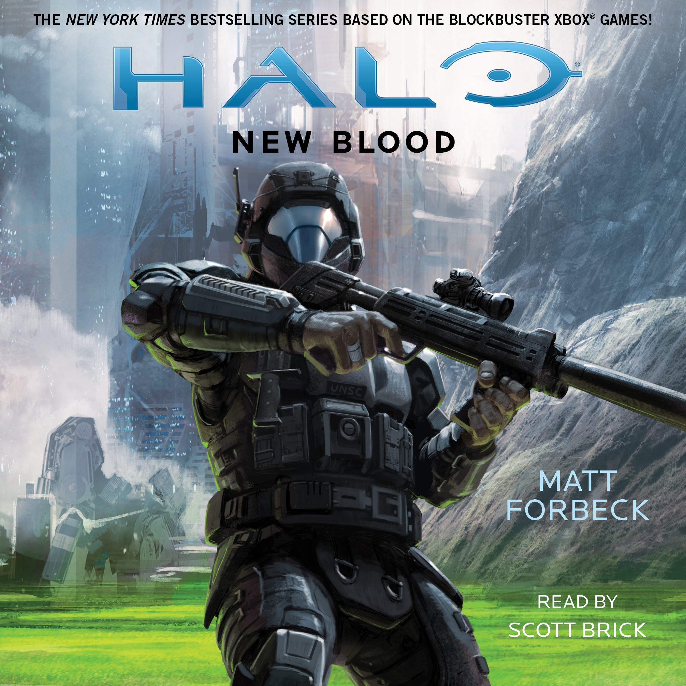 Halo: New Blood cover. Text: "The New York Times bestelling series based on the blockbuster Xbox games! MATT FORBECK. Read by Scott Brick."