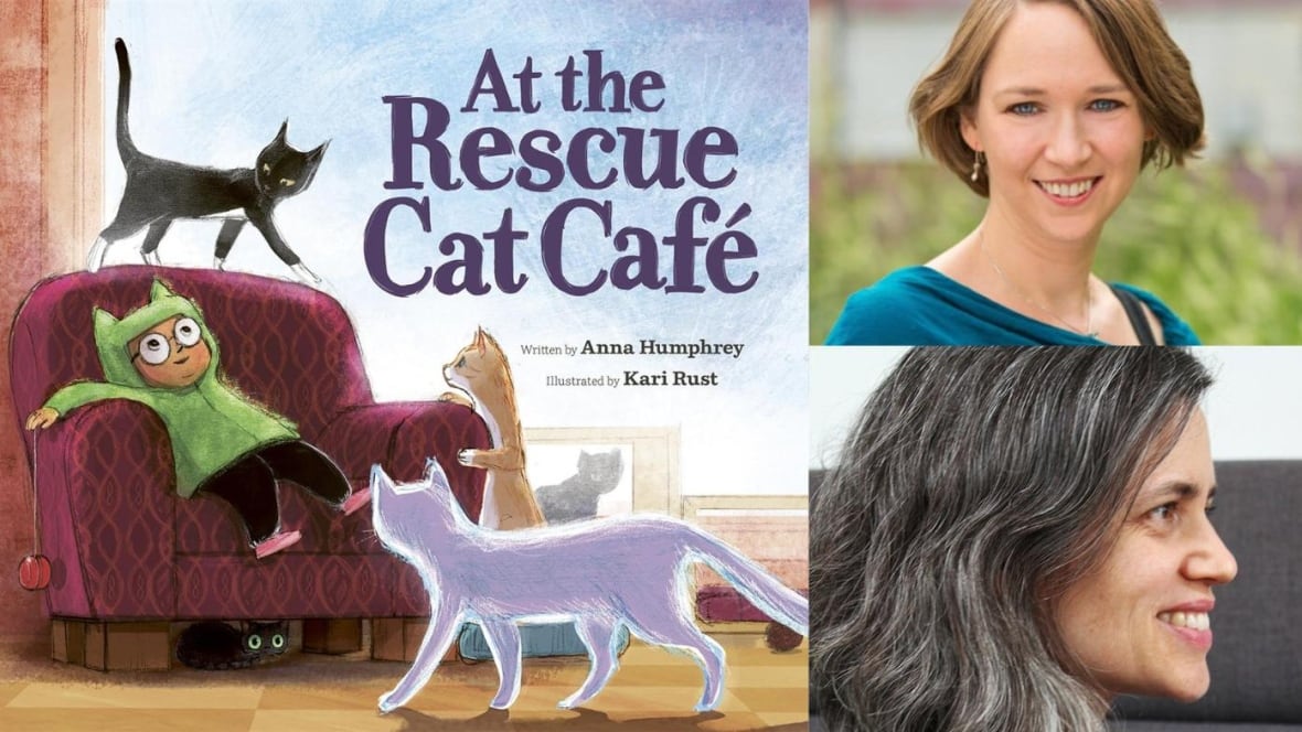A composite image featuring an illustrated picture book cover with a young child in a green jacket surrounded by cats, a picture of a woman short brown hair, and a picture of a woman with black and white hair. 