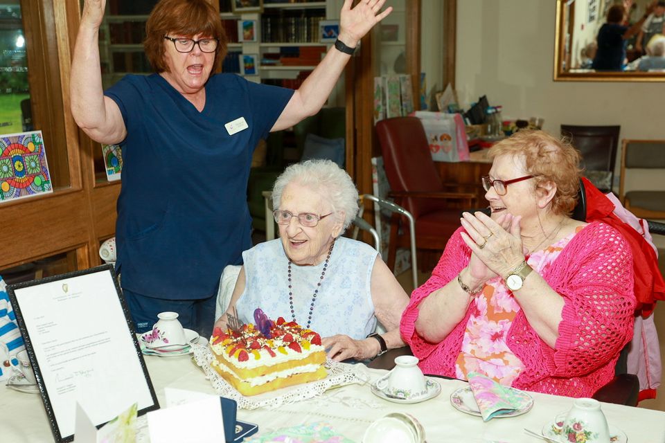 Carmel Carroll celebrating turning 102 with family, friends and staff in Valentia Nursing Home Camolin. PHOTO: Sabrina Ffrench